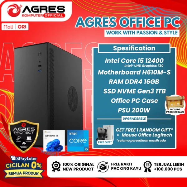 AGRES OFFICE PC I5 12400 RAM DDR4 16GB SSD 1TB WINDOWS 11 PRO RAKITAN PC ADMIN KANTOR