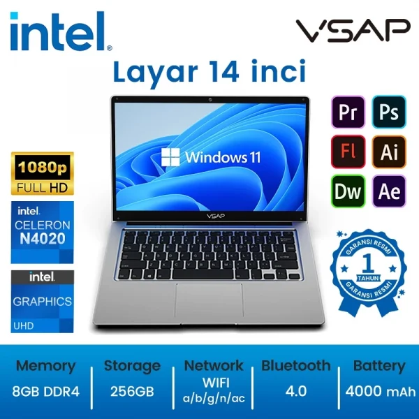Laptop intel Celeron N4020 8GB RAM 256GB SSD 14 In Windows 11 Pro